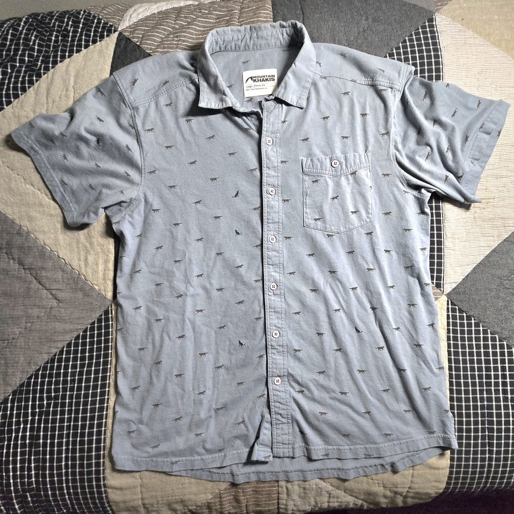 Mens Mountain Khakis Short Sleeve Button Up AOP Hiking Shirt 100% Cotton Blue L